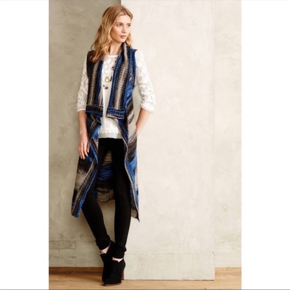 ANTHROPOLOGIE‎ MOTH STRIPED SPACEDYE SWEATER LONG OPEN FRONT VEST SIZE XS